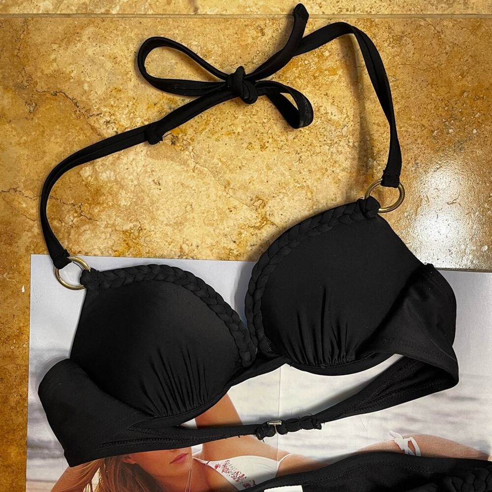 NEW Xhilaration Grecian Braided Black Molded Bikini Swim Top Sz S NWOT